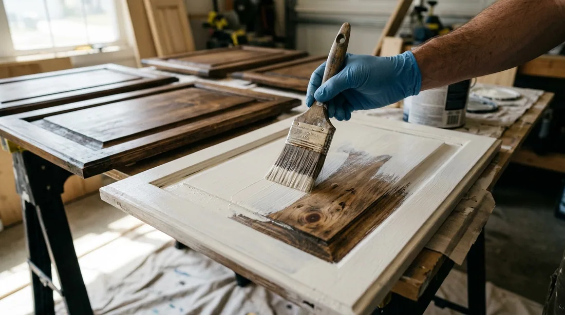 The primer is picked for the substrate: shellac or a bonding primer over knotty wood and old stain, — Wichita Falls, TX