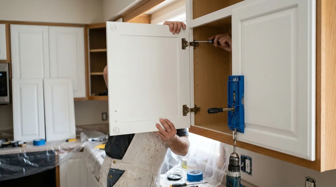 Doors go back on, hinges are adjusted so reveals line up, and new hardware is drilled from a jig — Wichita Falls, TX