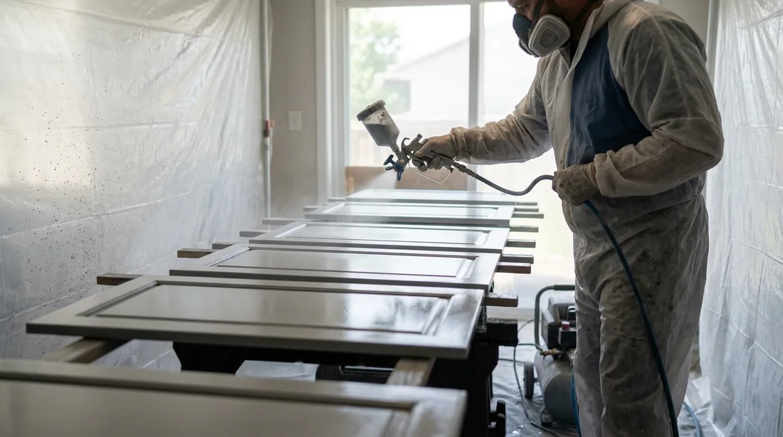 Doors are sprayed flat in a controlled area, two thin coats with a light sand between — Wichita Falls, TX