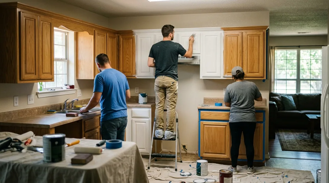 A small professional crew working on a cabinet painting job at a property, seen from behind and at — Wichita Falls, TX